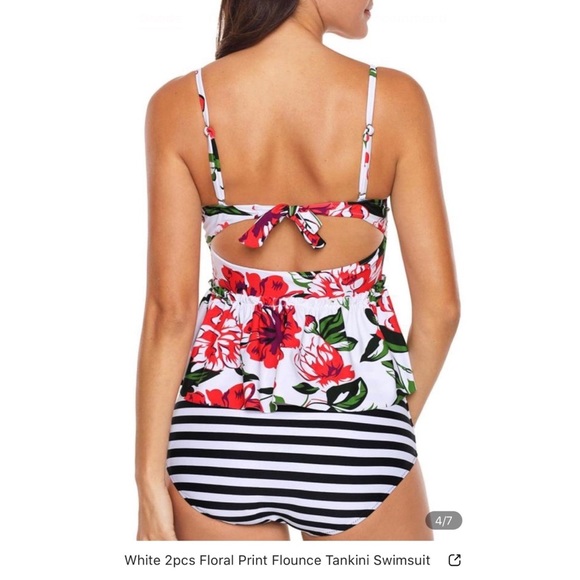White 2pcs Floral Print Flounce Tankini Swimsuit - Picture 3 of 9
